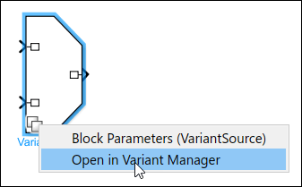 Context menu open on variant badge of variant block, with Open in Variant Manager option selected