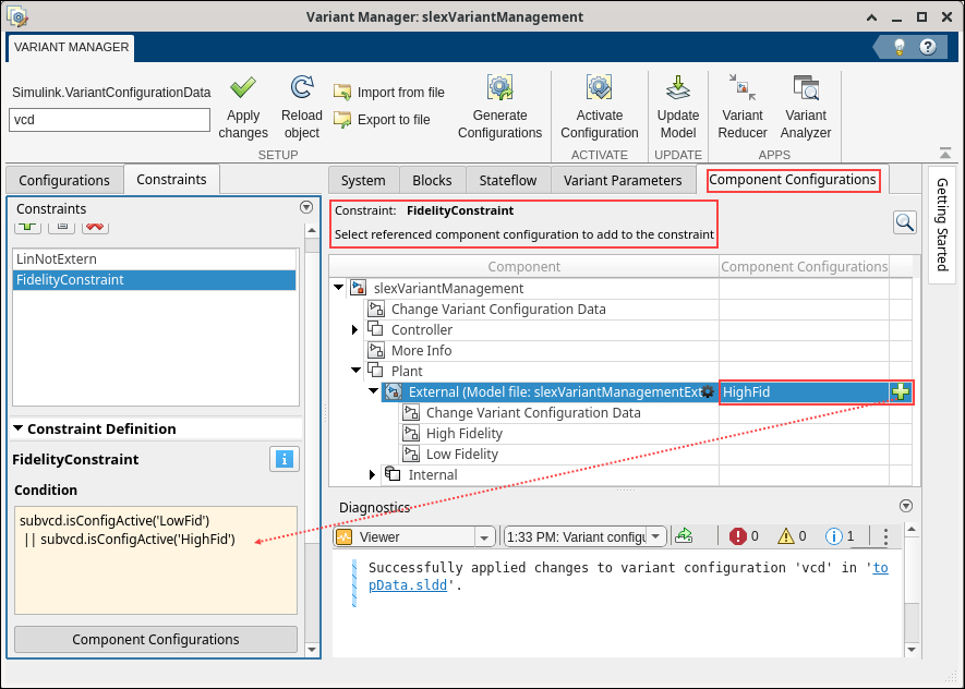 Component configurations view from Constraints tab shows a new constraint defined using referenced component configurations.