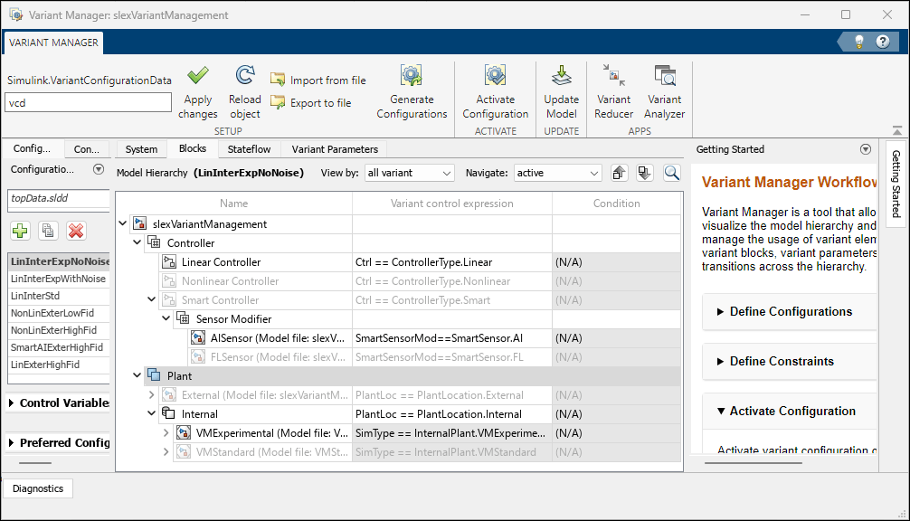 Variant Manager window that shows predefined variant configurations