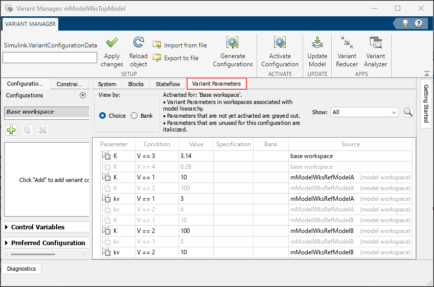 Variant Parameters tab in Variant Manager shows the results of activating the variant parameters. The active choice is highlighted for the parameters in each of the workspaces.