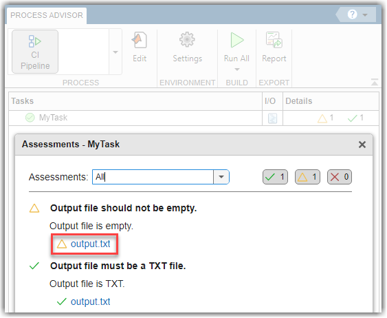 Assessments dialog with warning on an output.txt artifact