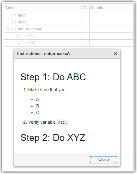 Example instructions in a dialog box in Process Advisor