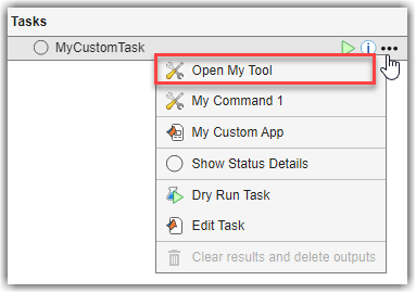 Options menu for custom task showing custom "Open My Tool" button