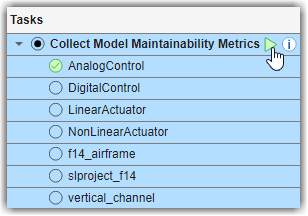 Mouse pointing to the "Collect Model Maintainability Metrics" task run button. Process Advisor highlights the task and task iterations for each model in the project.