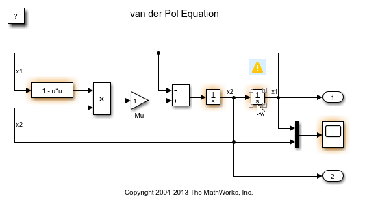Blocks with violations are highlighted on the Simulink canvas
