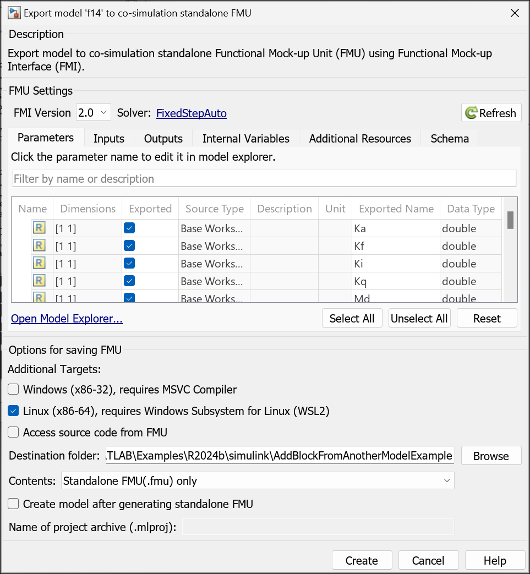 FMU export dialog with Linux selected as additional target