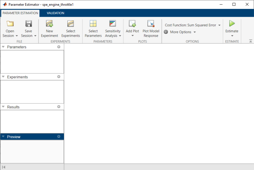 Parameter Estimator app main screen. Parameter Estimation toolstrip is on the top with buttons to open and save sessions, select experiments and parameters, add plots, estimate, and so on. Selected parameters, experiments, and results will be populated to the left of the screen.