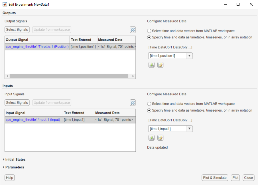 Edit Experiment dialog box. The output panel showing the output signal and the entered text is on the top. The input panel showing the input signal and the entered text is on the bottom.