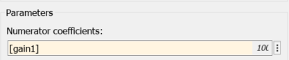 Numerator coefficients value is set as gain1 in the Transfer Fcn Block Parameters dialog box