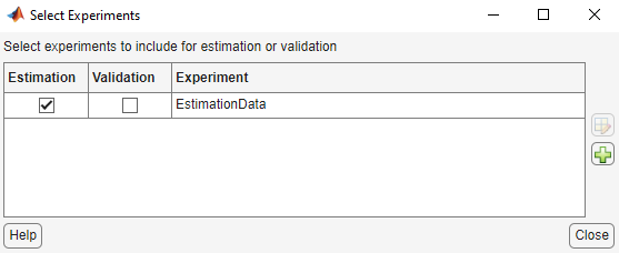 Select Experiments dialog box with the Estimation box against EstimationData checked