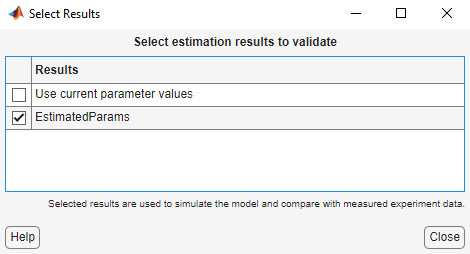 Select Results dialog box with EstimatedParams selected