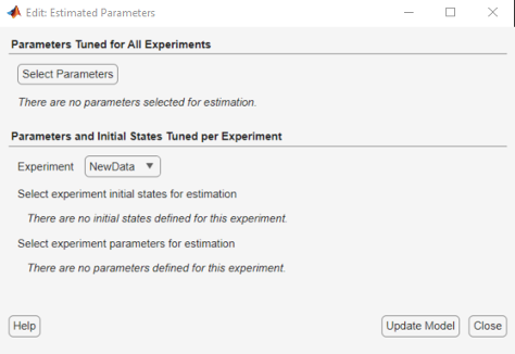 Edit: Estimated Parameters dialog box with options to tune parameters and initial states for experiments