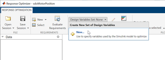 Response Optimizer app showing selection of Design Variables Set > New in the Response Optimization tab.