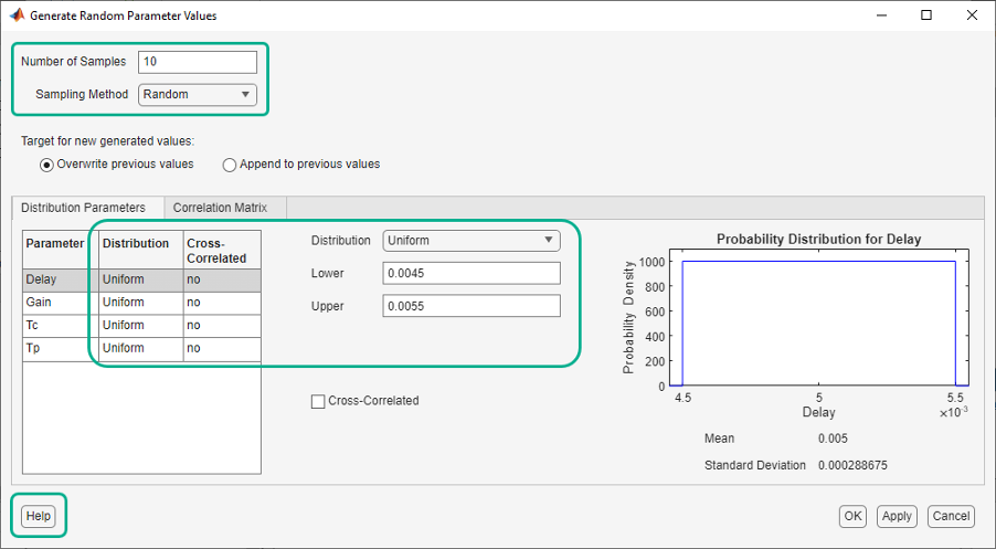 Generate Random Parameter Values dialog box with Number of Samples as 10, Sampling Method as Random, all probability distributions as Uniform with lower value as 0.0045 and upper value as 0.0055