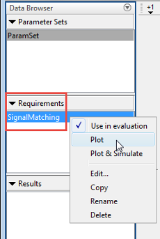 Plot is selected in the drop-down list for SignalMatching in the Requirements area