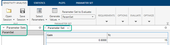 ParamSet variable is shown in the left side of the app screen and the Parameter Set table is shown in the main area of the app