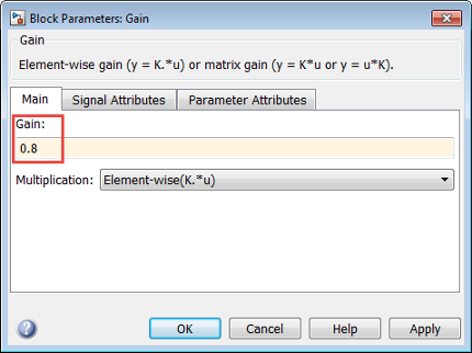 Gain Block Parameter dialog box with Gain specified as 0.8