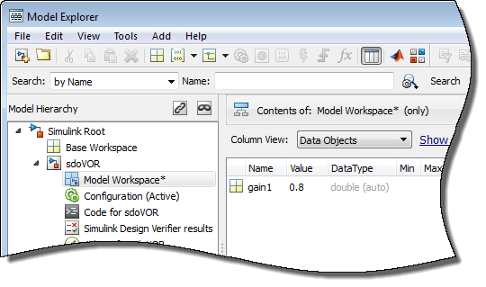 Model Explorer dialog box with Model Workspace selected in the Model Hierarchy on the left and gain1 variable populated in the table on the right