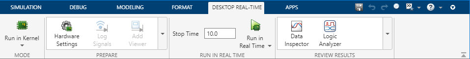 Use the Desktop Real-Time tab to perform tasks in the Simulink Desktop Real-Time workflow.