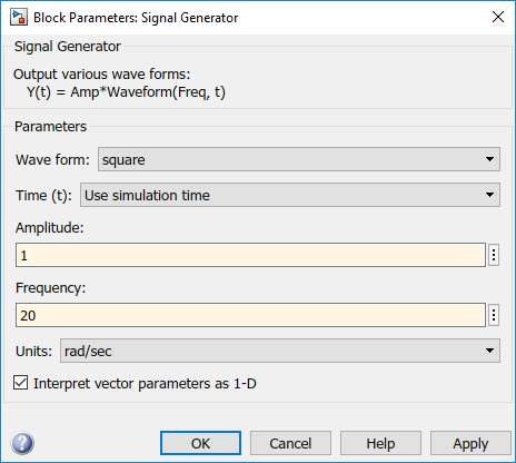 Configure the signal generator by using the block parameters window.