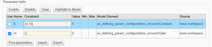 Parameter table for declaring parameters.