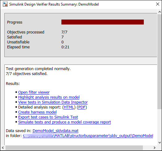 Simulink Design Verifier Results Summary window.