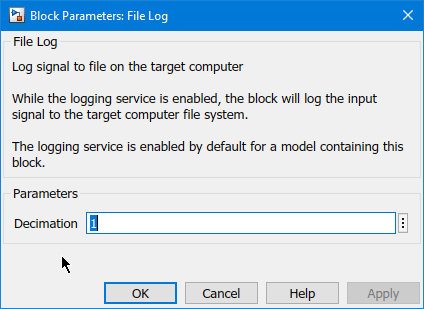 The Decimation parameter value appears in the File Log block parameters dialog box.