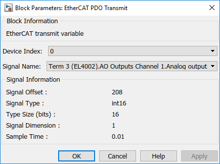 Use the EtherCAT PDO Transmit block parameters dialog box to configure the block.