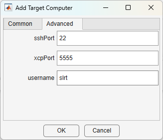 The target settings in the Add Target Computer dialog display the target computer definition advanced properties.