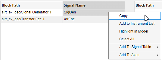 Right click on signals that you select in the Signals tab to access the Signal context menu.