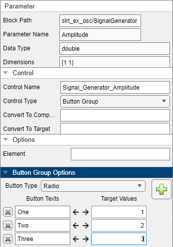 The parameter setup for button group control has many properties.