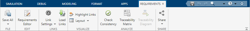 The Requirements tab toolstrip when the view is set to links