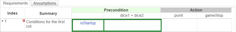 This image shows the requirement when the simulation pauses at the precondition. Because you set the breakpoint to stop when the precondition evaluates, the simulation highlights the evaluated preconditions of the requirement.