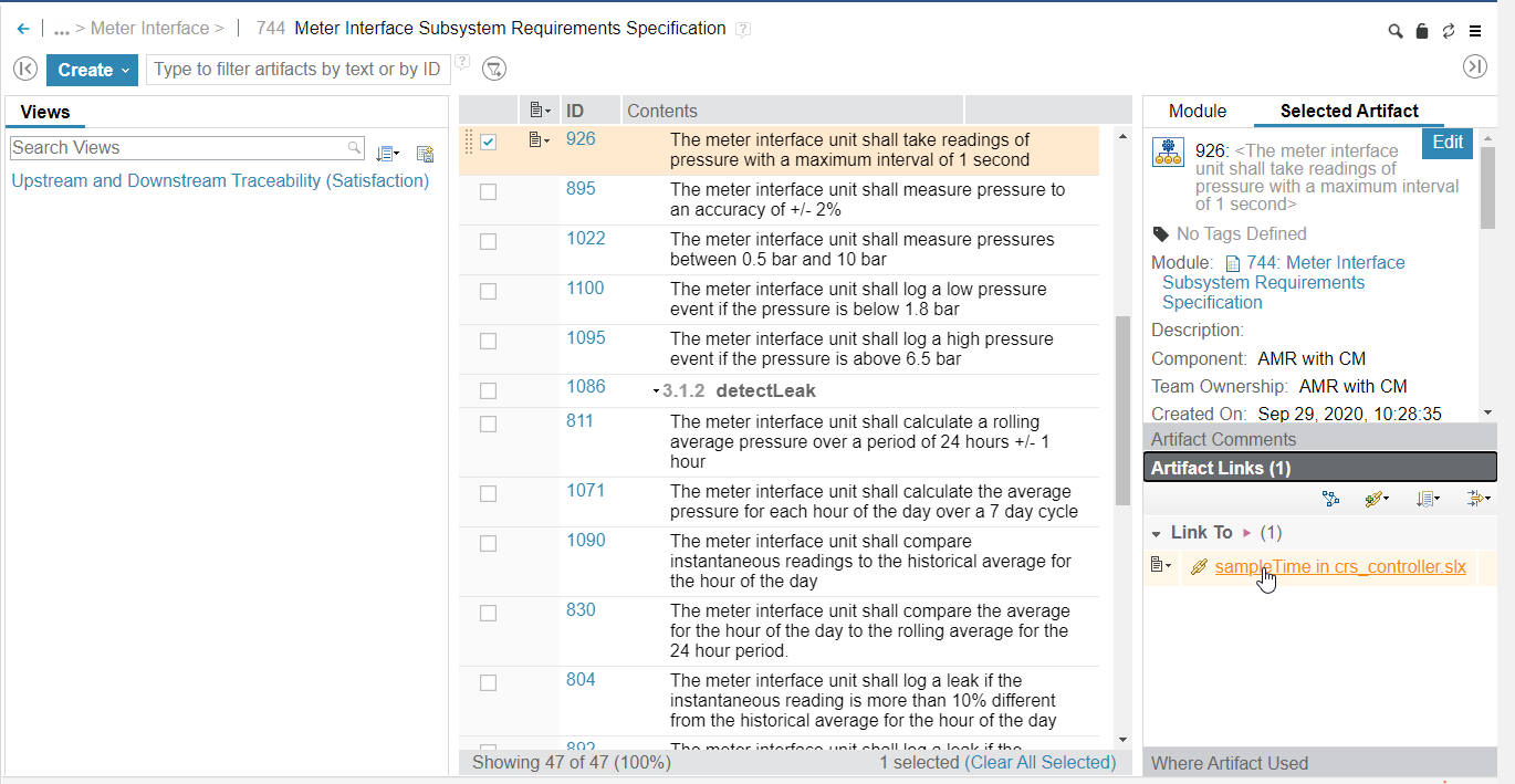 A requirements module in IBM DOORS Next is shown. A requirement is selected and in the right pane, the Selected Artifact tab is selected and shows the backlink to a Simulink model element.