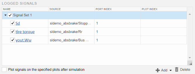 Logged signals section of test manager