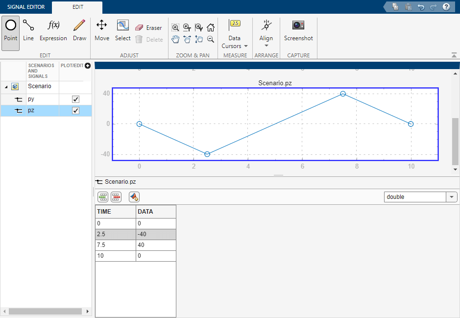 Signal Editor UI showing position data pz