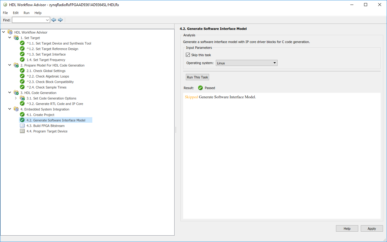 HDL workflow advisor window with generate software interface model selected