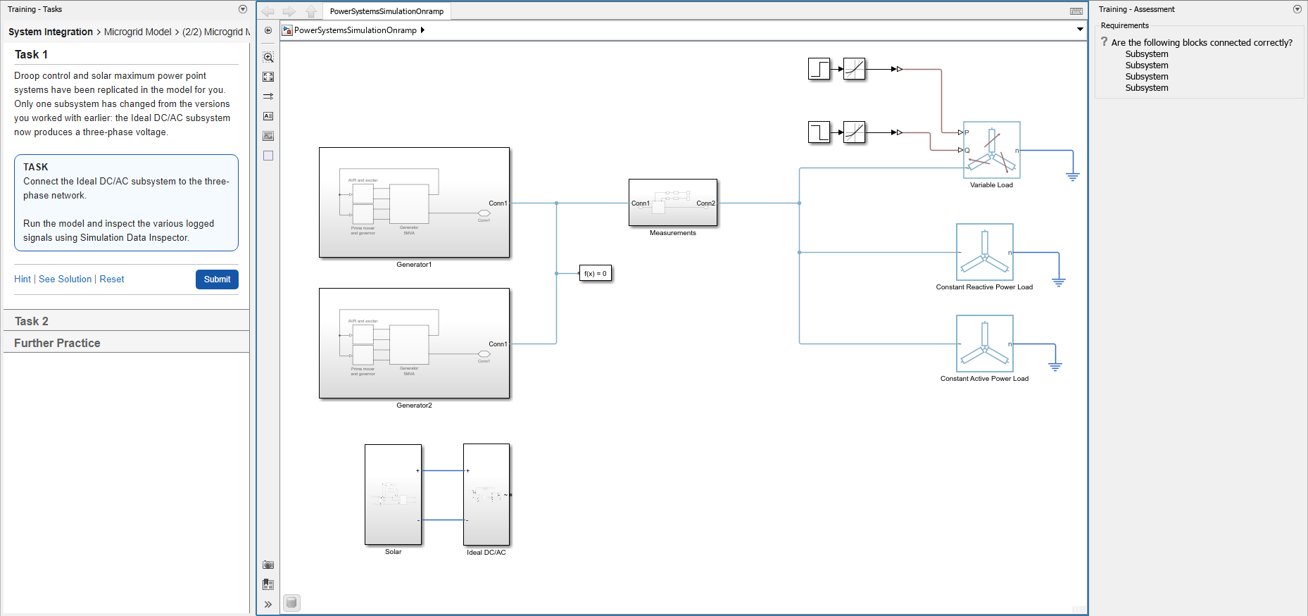 Power Systems Simulation Onramp describes the task, displays an interactive model, and assesses whether the model matches the requirements set by the training.