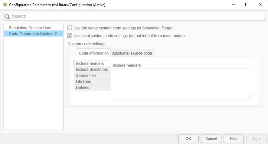The Code Generation Custom Code pane of the Configuration Parameters dialog box, showing the default settings for a library model.