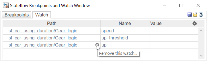 Remove this watch icon in the Stateflow breakpoints and watch window.