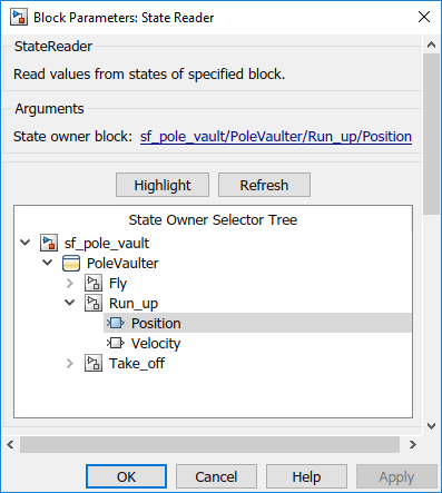 Block parameters dialog box showing State Reader block in Take_off connected to the integrator block Position in Run_up.