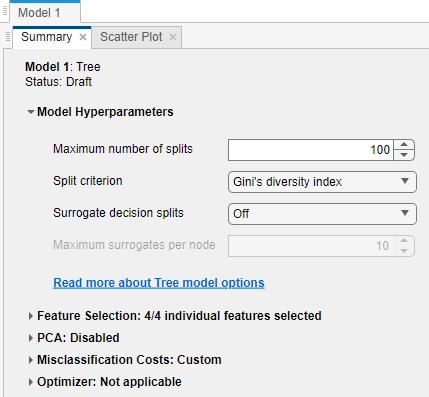 Summary tab for a draft tree model with custom misclassification costs