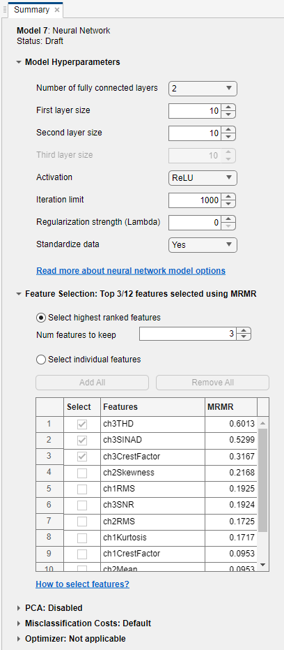 Summary tab with options for a draft neural network model