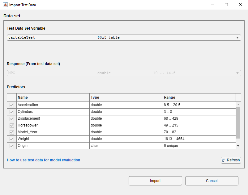 Import Test Data dialog box