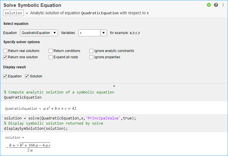 find-analytic-solutions-of-symbolic-equations-in-live-editor-matlab