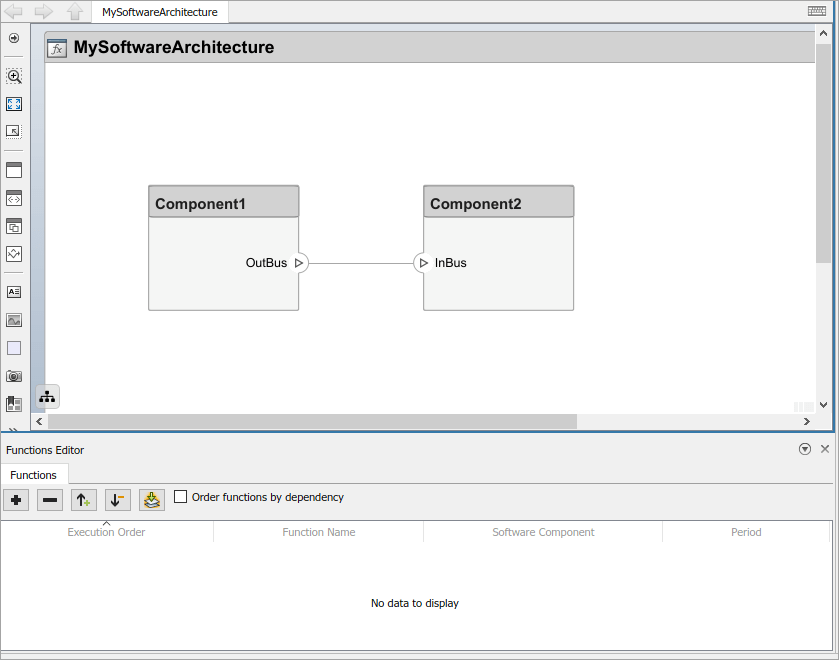 Software architecture with two components named Component1 and Component2. The Functions Editor is at the bottom of the canvas