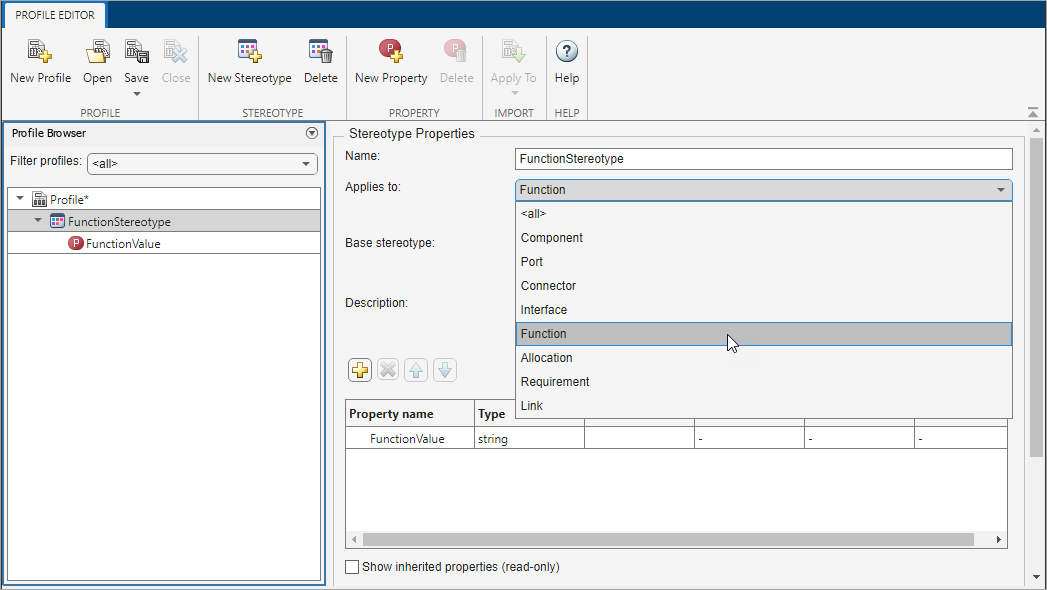 The Profile Editor shows a list of stereotype properties