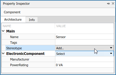 The stereotype for the component named 'Sensor' called 'Electronic Component' inherits properties from its base stereotype displayed below on the Property Inspector.