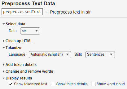 "Data" option with "str" selected, "Split" option with "Sentences" selected, and "Show tokenized text" check box selected