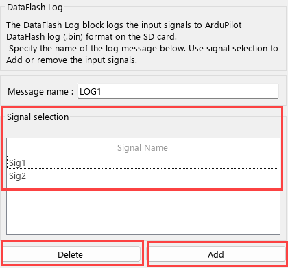 Signal selection table showing signal names Sig1 and Sig2